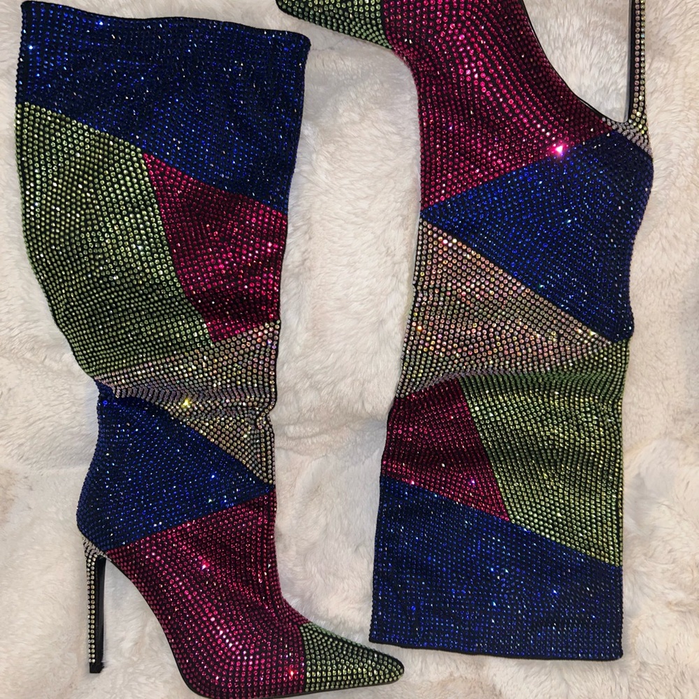 Khloe Embellished Knee High Boots Size 9 Multicolor Rhinestone Sold Out